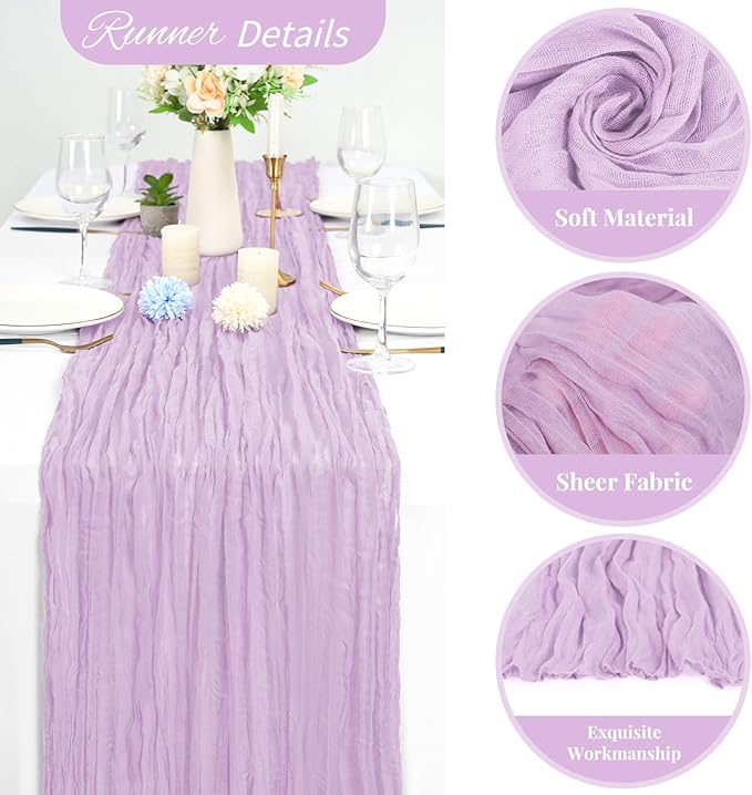 20 Pack Lavender Cheesecloth Table Runner 120 Inch 10FT Rustic Boho Gauze Cheese Cloth Table Runner for Wedding Party Baby Shower Thanksgiving Christmas Decoration