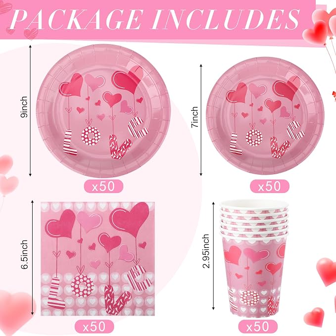 Jenaai 200 Pcs Valentine's Day Tableware Set Serve for 50 Guests Valentine's Day Party Supplies 9" Dinner Plates 7" Dessert Plates Paper Cups and Napkins Set for Dinnerware Tableware Disposable
