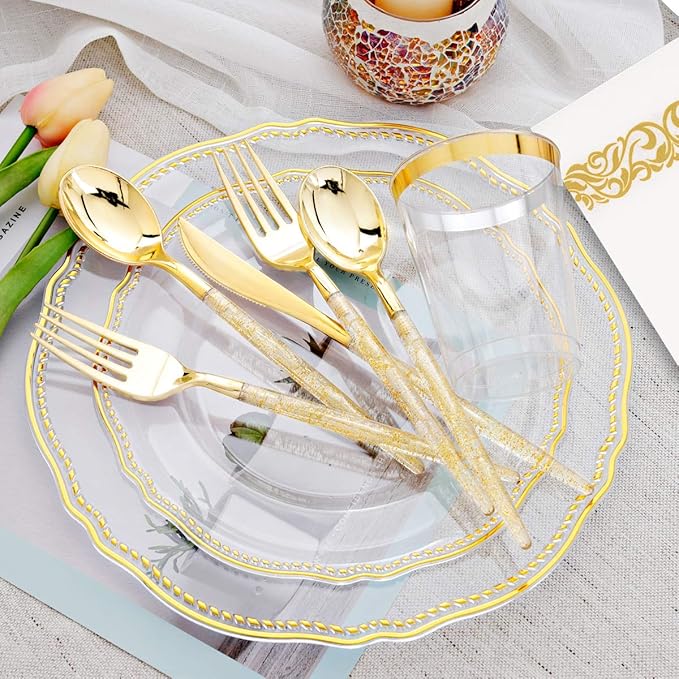 Hioasis 175pcs Clear Gold Plastic Plates&Gold Plastic Silverware with Gold Glitter Handle&Clear Cups&Napkins Served for 25 Guests-Clear and Gold Dinnerware for Weddings&Thanksgiving,Holiday Events