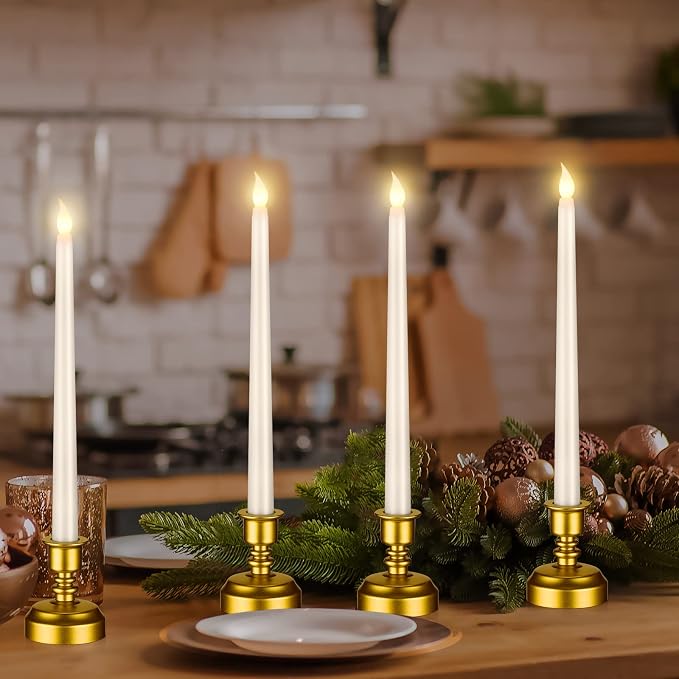 Fumete 16 Pcs Flameless Candles with Gold Base Battery Powered Taper White Candles Battery Operated LED Candlesticks for Party Home Dinner Decorations