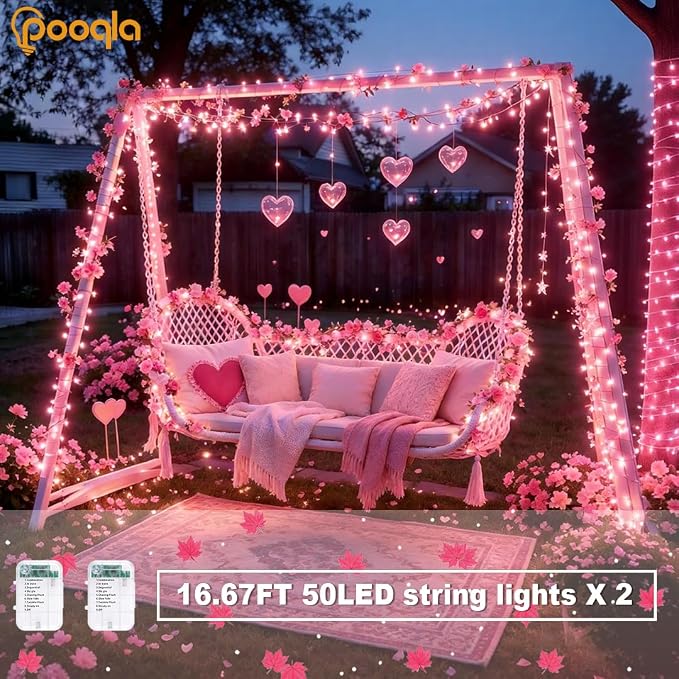 Pooqla 2 Pack String Lights Battery Operated, Total 33.3ft 100 LED Fairy Lights Indoor Outdoor Decorations, 8 Modes Pink Battery Christmas Lights for Bedroom Classroom Porch Party Yard Wedding Decor