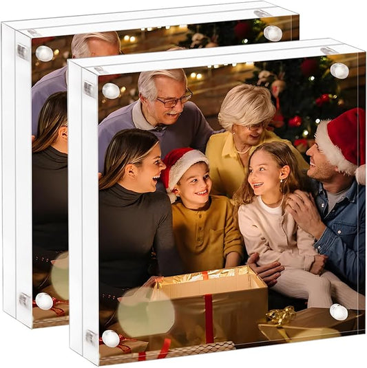 AMEITECH 5x5 Acrylic Picture Frame 2 Pack, Clear Double Sided Frameless Photo Frame with Magnetic, Free Standing Desktop Acrylic Frame Display, Lucite Frame with Gift Box Package