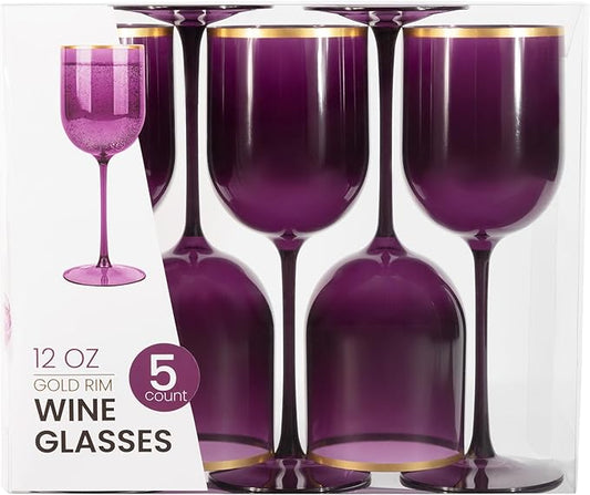 Plastic Wine Glasses Set of 5 Elegant Wine Goblets Hard Plastic Wine Cups on Stem 12 Ounce (Purple with Gold Rim, 10)