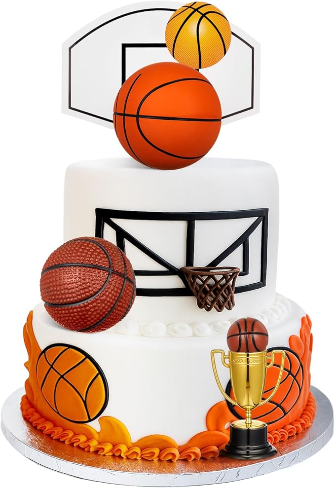 VioraWhite 8 Pcs Fun Basketball Cake Toppers Basketball Cake Decorations, 5 Balls of Different Sizes 2 Trophies and 1 Set Dunk the Ball Sign for Sport Theme Party Ceremony