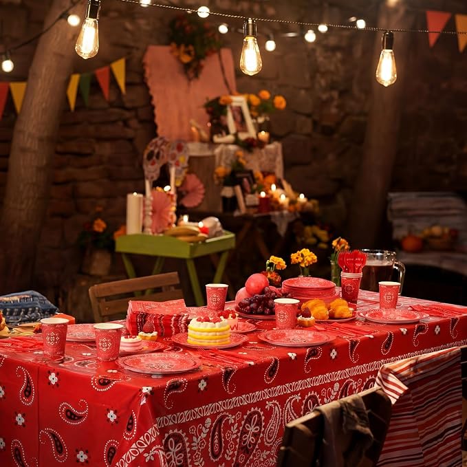 Funnymoom 452 Pcs Red Bandana Western Party Decorations for 50 Guests, Red Bandana Paper Plates Cups Napkins Tablecloth Cutlery Straws for Cowboy Cowgirl Farm Baby Shower Birthday Party Supplies