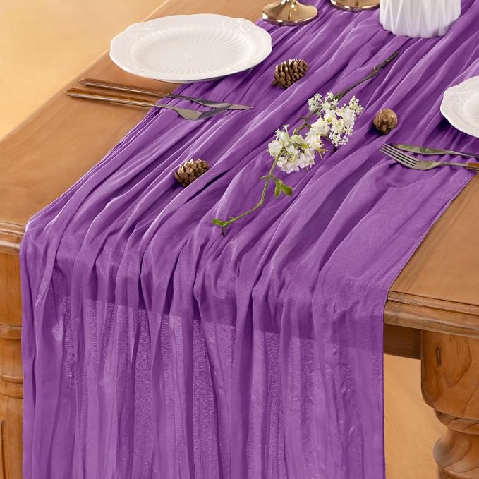 LINXTAR Purple Cheesecloth Table Runner 120 Inches 10Ft Gauze Summer Boho Table Runner for Wedding Tea Party Baby Shower Bridal Birthday Home Decoration
