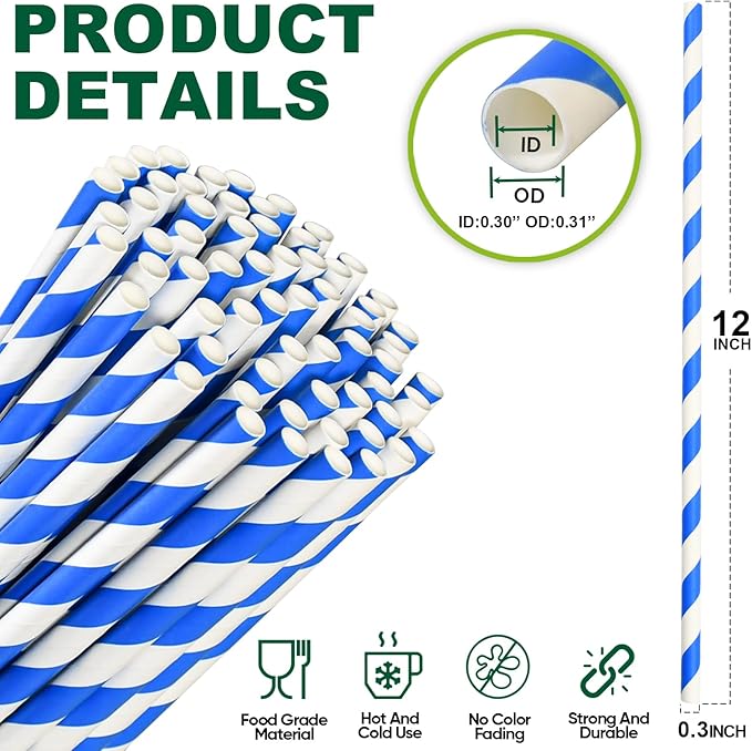12 Inch Disposable Paper Drinking Straws Large and Tall, 8mm Wide - for Long Drinks, Smoothies, Milkshakes - Blue, 100 Counts - Eco-friendly