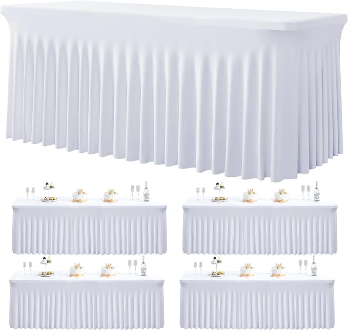 4 Pack White Spandex Tablecloths for 6 Foot Rectangle Tables, Wrinkle Free Stretchy Table Cloths 6ft Fitted Table Cover DeskSkirt for Weddings Birthday Party Banquet Baby Shower