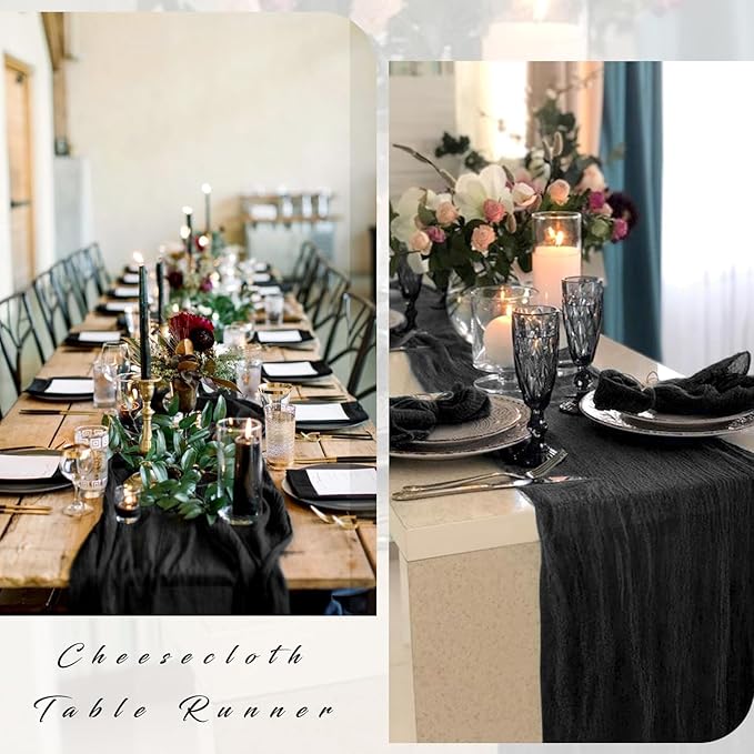 Black 6 Pcs Cheesecloth Table Runner 10FT Gauze Fabric Boho Cheese Cloth Table Runner Decoration Rustic Semi Sheer Runner for Wedding Birthday Baby Bridal Shower Party Table (35 x 120 Inches Long)