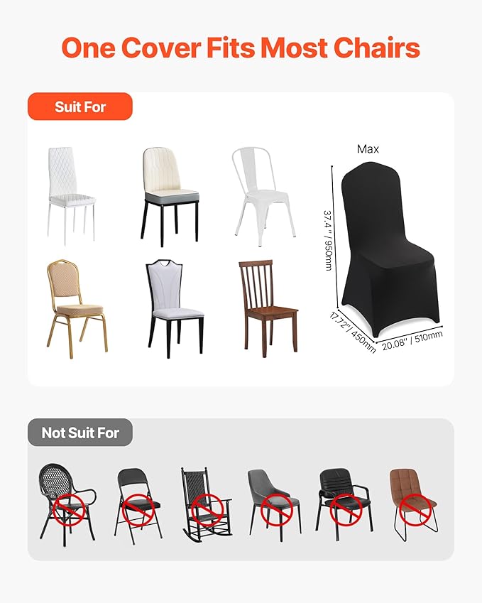 VEVOR Chair Covers, Polyester Spandex Chair Cover, Stretch Slipcovers for Wedding Party Dining Banquet Flat-Front Chair Covers (Black-a, 100PCS)