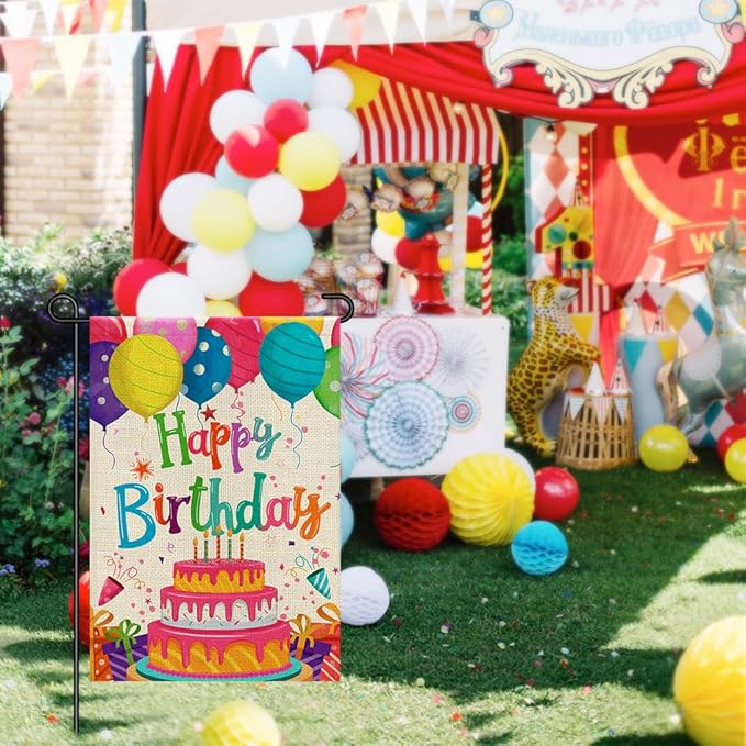 Happy Birthday Garden Flags 12x18 Double Sided Burlap, Colorful Balloon Cake Toppers Personalized Banner Farmhouse Yard Sign Birthday Party Outdoor Decorations DF576