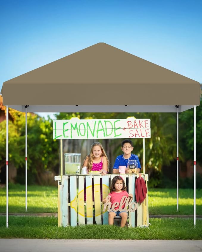 10x10 Pop Up Canopy with One Button Push Setup - Heavy Duty Outdoor Canopy Tent with Portable Roller Bag - 3 Adjustable Height, 4 Weight Bags, 8 Stakes & 4 Guy Ropes Included, Khaki