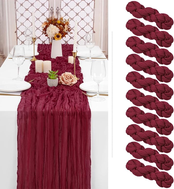 10 Pack Christmas Table Runner 10FT Burgundy Cheesecloth Table Runner 35 x 120 Inch Long Semi-Sheer Gauze Fabric Boho or Rustic Wedding Table Decor for Bridal Shower Baby Shower Holiday Party