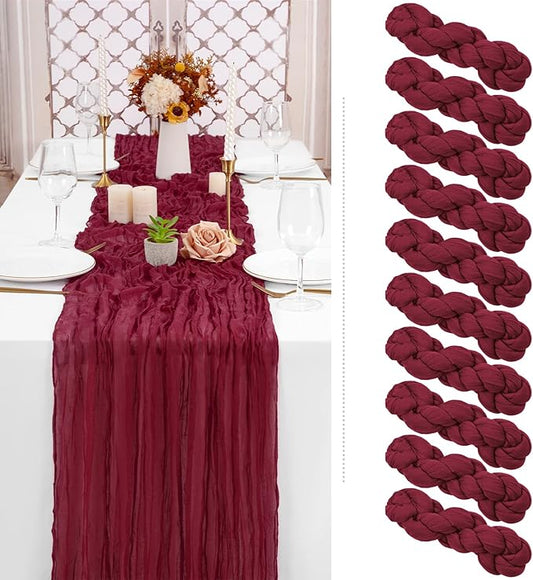 10 Pack Christmas Table Runner 10FT Burgundy Cheesecloth Table Runner 35 x 120 Inch Long Semi-Sheer Gauze Fabric Boho or Rustic Wedding Table Decor for Bridal Shower Baby Shower Holiday Party