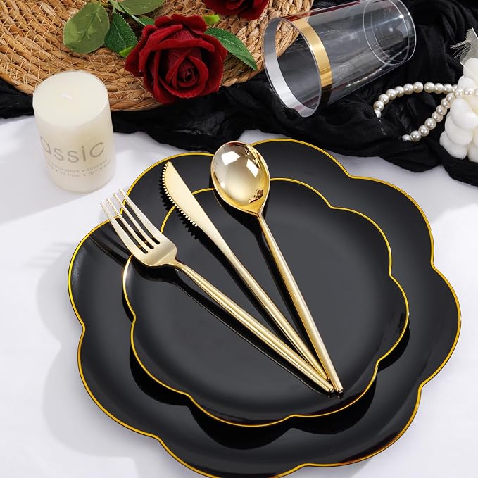 EI 180pcs Black Plastic Plates with Gold Plastic Silverware,Black and Gold Plates Disposable,Heavy Duty Plate for Party,Wedding,Anniversary,Spring Afternoon Tea Business Event,Graduation Decorations