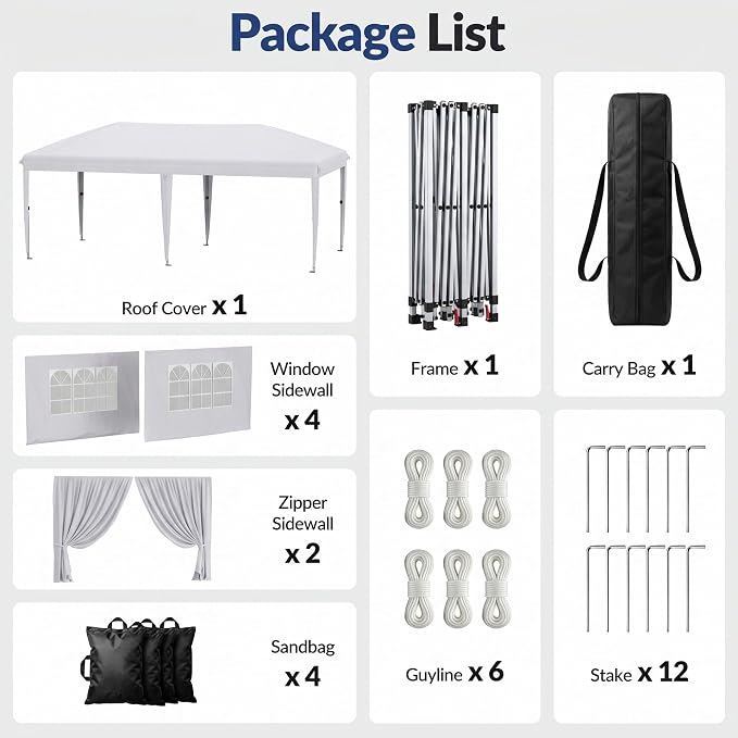 10x20 Pop Up Canopy with Sidewalls, Instant Tent with Carry Bag, Sandbags, Height Adjustable Waterproof Outdoor Canopy, Outdoor Canopy for Events, Camping, Parties (White)