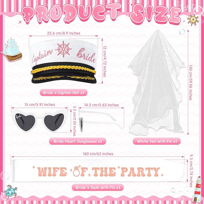 JaGely Bride Captain Hat with Veil, Bachelorette Sash & Sunglasses for Bridal Shower Bachelorette Party Decor Accessories(Wife of the Party)