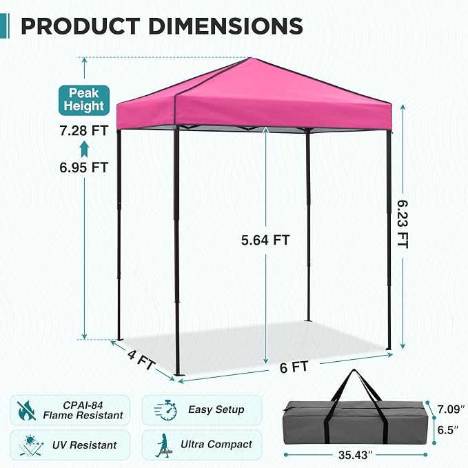 EAGLE PEAK 6x4 Instant Pop Up Canopy Tent, Straight Leg Sun Shelter, Portable Canopy with Carry Bag for Camping, Beach & Sports, Pink