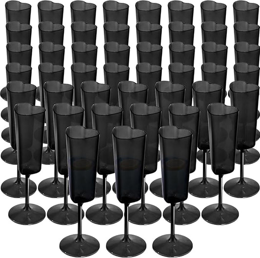 JLYLOL 48 PCS Heart Shaped Champagne Flutes, 5.5OZ Plastic Champagne Glasses, Unique Wedding Toasting Glasses, Elegant Stemmed Drinking Cups Plastic Goblets for Celebrations Anniversary Bride (Black)