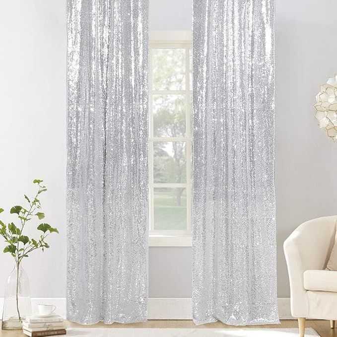 PartyDelight Silver Sequin Backdrop Curtains 2x8ft 4 Panels | 3mm stitched sequin curtain with 4 inch rod pocket for 2x8ft 4 panel fuller wall coverage pleated backdrop and 8ft stand