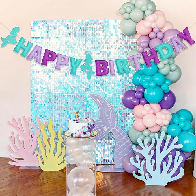 Pre-Strung Mermaid Happy Birthday Banner, Under The Sea Theme Party Decorations, HAPPY BIRTHDAY Garland with Exquisite Mermaid Design, Personalized Festival Sign for Baby Girls Party Decor, Photo Prop
