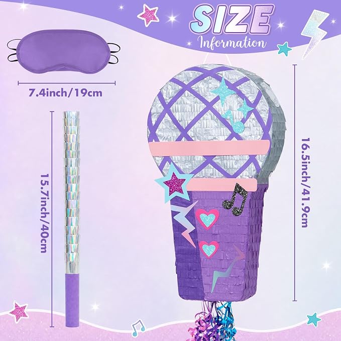 WERNNSAI Microphone Piñata - Purple Pink Pull String Piñata, Stick and Blindfold, Girl Party Game Supplies for Birthday, Kpop Party, Carnivals Games Decor (16.5"x9.1"x3")