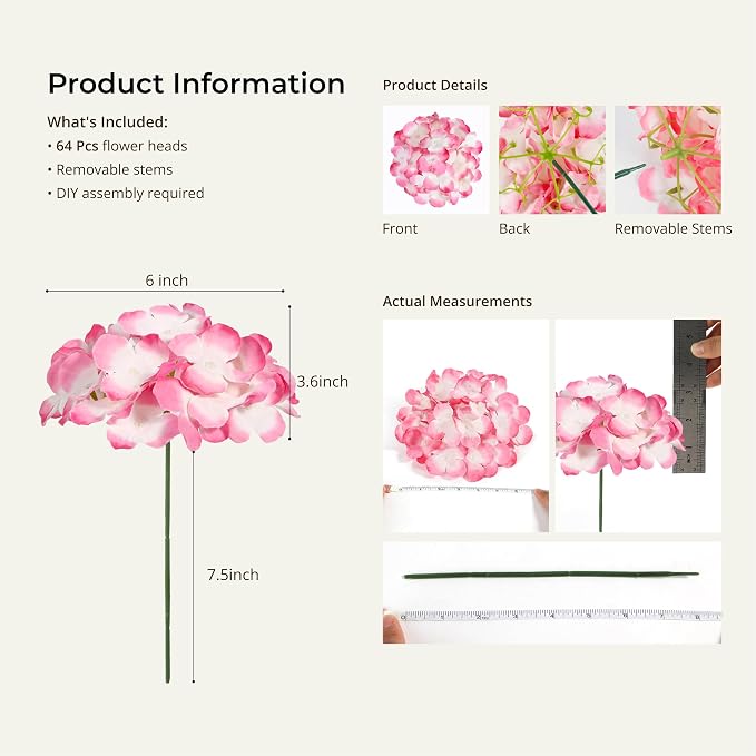 Auihiay 64Pcs Hydrangea Artificial Flowers Bulk, Faux Hydrangea Flowers Heads with Stems for Spring Spring Wedding Decor Bouquets and Centerpieces Wedding Photo Booth(Blush Gradient)