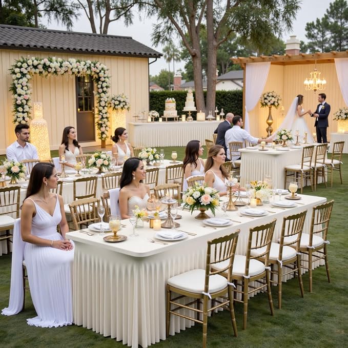 Outpain 8ft Spandex Table Cloth for Standard Folding Tables-6Pack Ivory Table Cloth Table Protector for Party, Wedding, Cocktail, Banquet, Festival