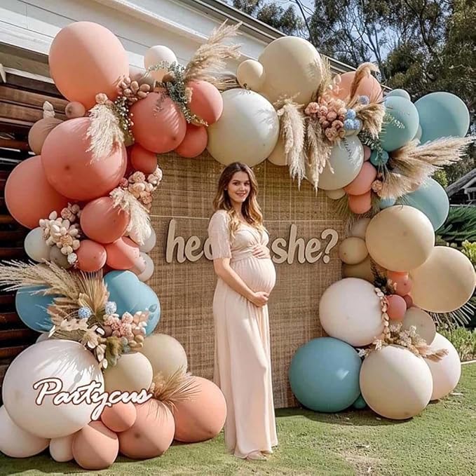 Dusty Pink Blue Balloon Garland Double Stuffed, Peach White Sand Blush Gender Reveal Balloon Arch Kit for Baby Shower Boho Birthday Bear Party Decoration