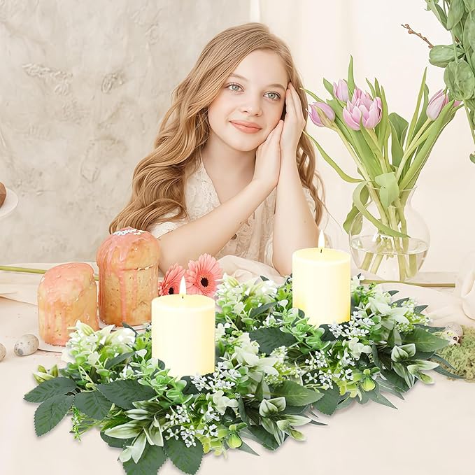3PCS Artificial Eucalyptus Leaves Wreaths Candle Rings Wreaths Summer Greenery Garland Pillar Holder for Home Wedding Party Table Centerpiece Green