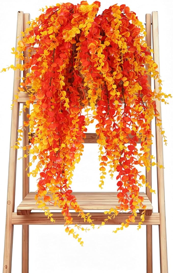 RECUTMS Artificial Greenery for Outdoors 31.5" Faux Hanging Baskets Plants | 3Pcs Fake Vine Plants,Gold Hanging Greenery Stems Autumn Decor of Living Room Bedroom Kitchen Front Porch Yard Garden Wall
