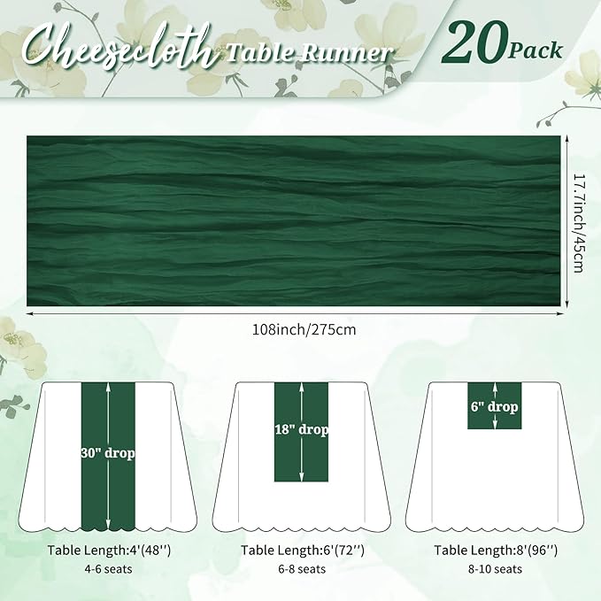 20 Pack Cheesecloth Table Runner Forest Green, Rustic Boho Gauze Fabric Table Runner Romantic Table Runner for Wedding, Festival, Birthday, Anniversary, Dinner and Outdoor Events (17.7 x 108 inch)