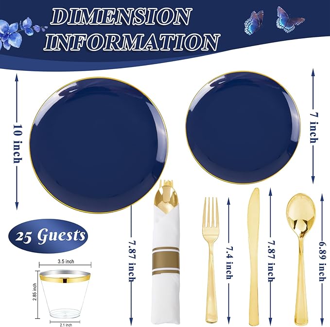 KIRE 175Pcs Blue Plastic Plates - Navy Blue Plates Disposable - 25 for Dinner 25 for Dessert 25 Pre Rolled Napkins with Gold Plastic Silverware and 25 Cups for Birthday/Wedding/Passover/Graduation