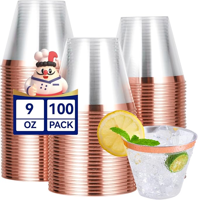 JOLLY CHEF 100 Pack Rose Gold Plastic Cups, 9 oz Clear Plastic Tumblers, Elegant Rose Gold Rimmed Cups, Disposable Glasses for Wedding, Thanksgiving Day, Christmas Party