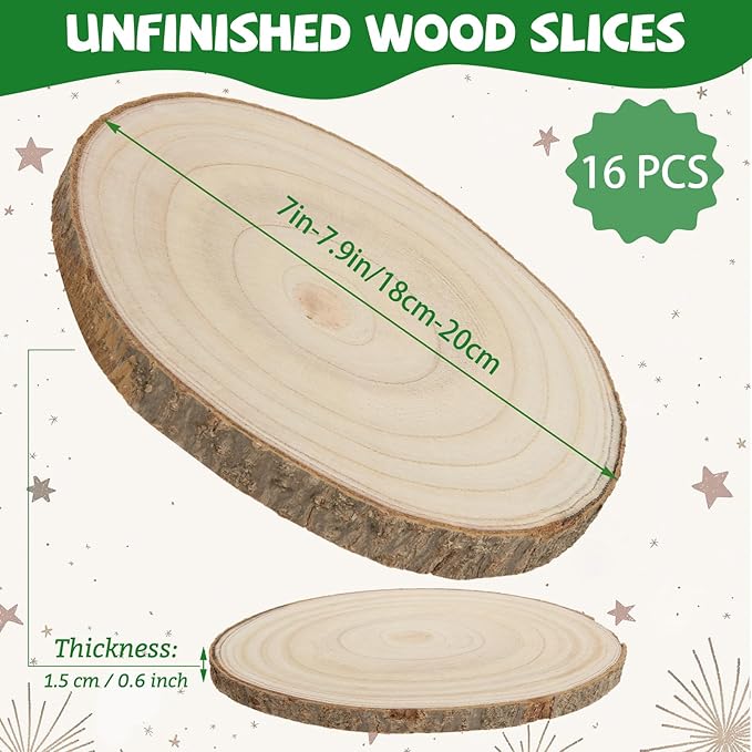 16 Pack 7-8 Inch Unfinished Wood Slices for Centerpieces, Large Wood Centerpieces for Tables, Rustic Wood Rounds for Centerpieces, Wood Circles Wood Slabs for Crafts, DIY and Wedding Decor