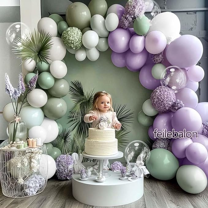 Dusty Green Purple White Balloon Arch Kit Double Stuffed Pastel Purple, Light Sage Green, Lavender Balloon Garland with Clear Bobo for Birthday Baby Shower Wedding Flower Party Decoration