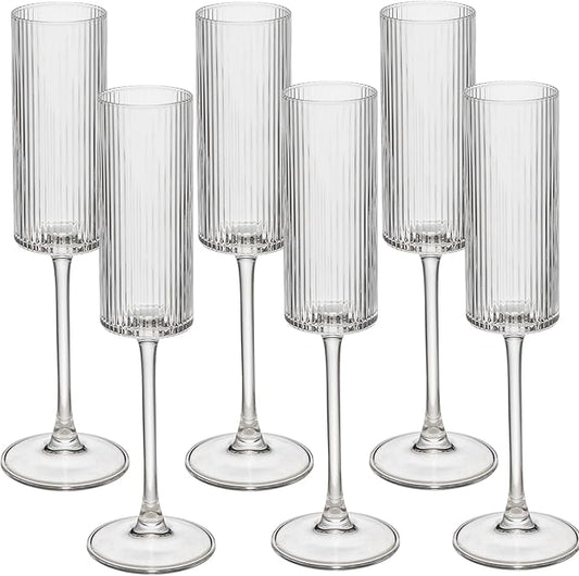 Champagne Flutes Set of 6,Vintage Ribbed Crystal Hand Blown 6 OZ Goblet Champagne Glasses Long Stem,Elegant Sparkling Wine Stemware Drinking Cocktail Unique Gift for Birthday, Wedding, Anniversary