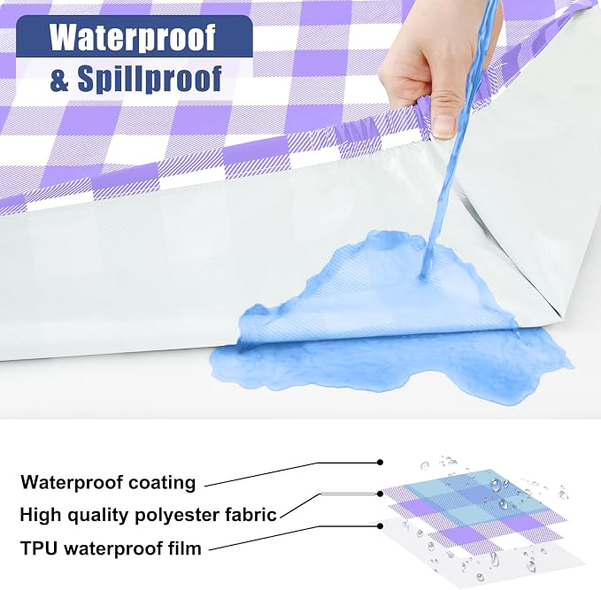 Smiry Picnic Table Cloth 4 Pack, Waterproof Elastic Fitted Tablecloths for 8FT Rectangle Tables, Washable Polyester Buffalo Plaid Tablecloth for Camping, Dining & Outdoor (Purple & White, 30" x 96")