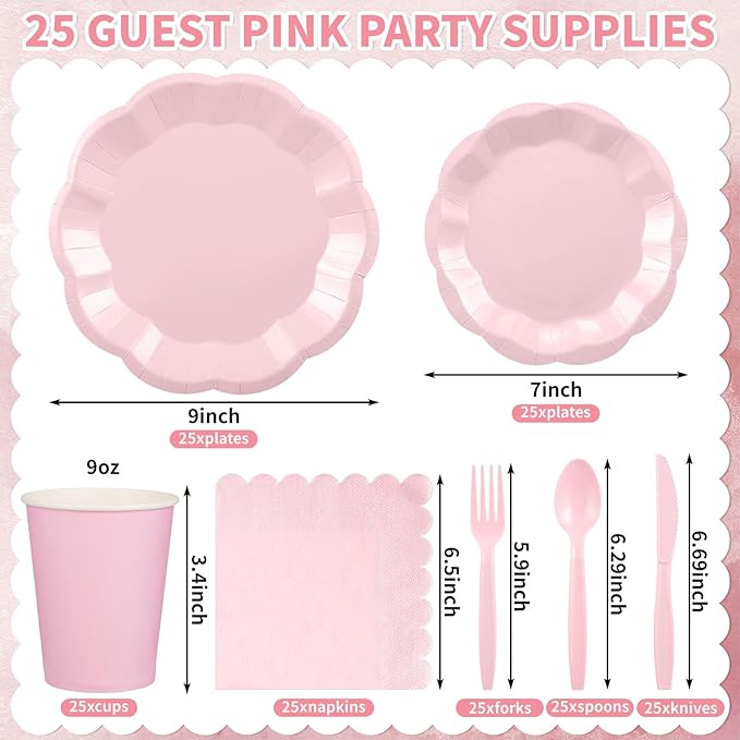 175 Pcs Pink Paper Plates and Napkins Set Include 9" Mothers Day Plates, 7" Dessert Plate Disposable Scalloped Tableware Serve 25 Guest for Wedding Baby Shower Bridal Shower Birthday Mother's Day