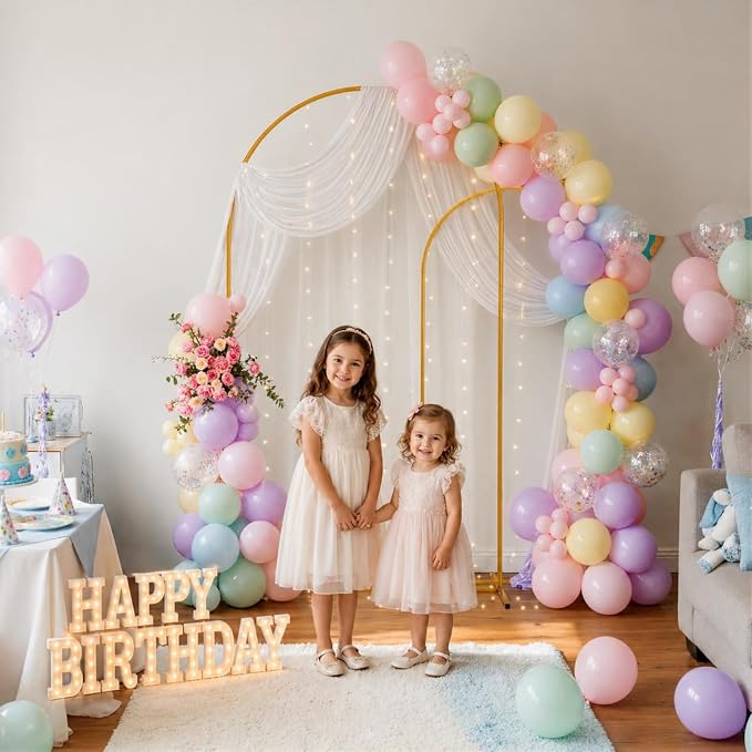 Gold Metal Arch Backdrop Stand for Wedding & Birthday Party Decorations, Foldable Balloon Arch Frame with Easy Assembly, Photo Booth Backdrop Décor with Fairy Lights Options