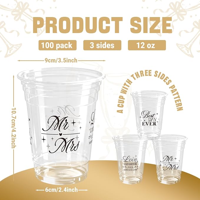100 Pcs Wedding Plastic Cups 12 oz Mr and Mrs Disposable Cups Wedding Reception Drinking Cups for Bridal Shower Engagement Bachelorette Party Anniversary Decor