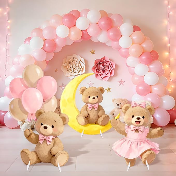 3Pcs Pink Bear Baby Shower Decorations, Large Moon Bear Cardboard Cutout Standup with Yard Stakes & Stands for Girls Bear Birthday Indoor Outdoor Photo Booth Props Cartoon Party Supplies