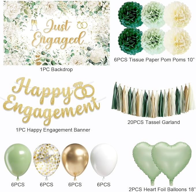 Sage Green Engagement Party Decorations for Couple Just Engaged Decorations, Happy Engagement Banner, Backdrop, Tissue Paper Pom Poms, Balloons, Tassel Garland for Wedding Bachelorette Party Decorations