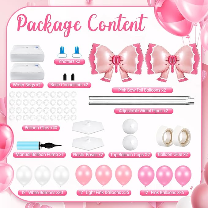 Kasyat 2 Sets Pink Bow Balloon Column Stand Kit with 2 Pink Bow Foil Balloons 100 Latex Balloons, Adjustable Stands Pink and White Balloon Garland Arch for Bridal Princess Birthday Coquette Party