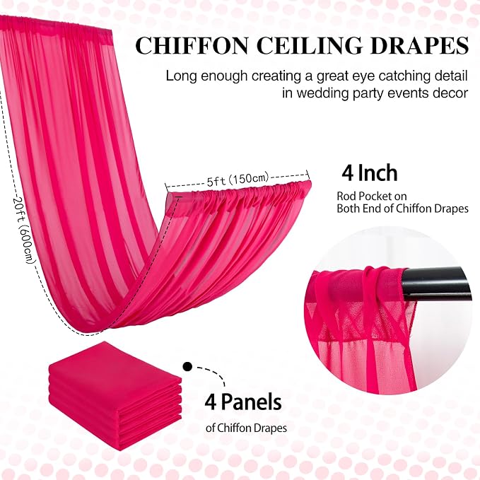 DUOBAO Elegant 20ft Hot Pink Chiffon Wedding Curtains - 4 Panels Sheer Drapes for Stage, Tent, and Photo Backdrops Christmas and Photography