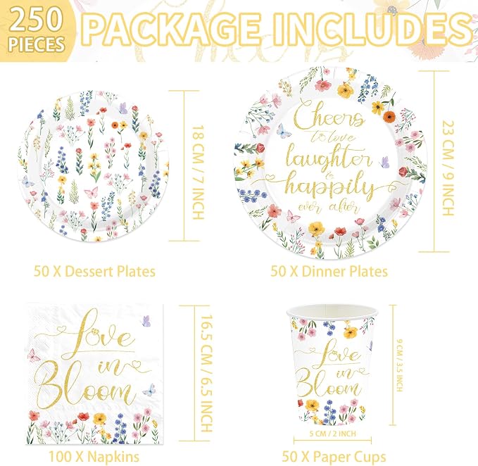250Pcs Wildflower Bridal Shower Decorations Love in Bloom Plates and Napkins Cheer to Love Laughter Happily Ever Decoration for Engagement Wedding Shower Bachelorette Dinner Party Supplies Serve 50