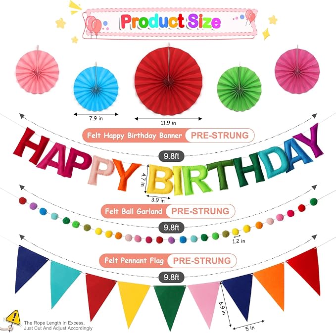 Pre-Strung Happy Birthday Banner, Reusable Felt Birthday Party Decorations, 3D Effect Happy Birthday Sign with Felt Ball Garland, Pennant Flag, Hanging Paper Fans for Men Women Boy Girls (Rainbow)