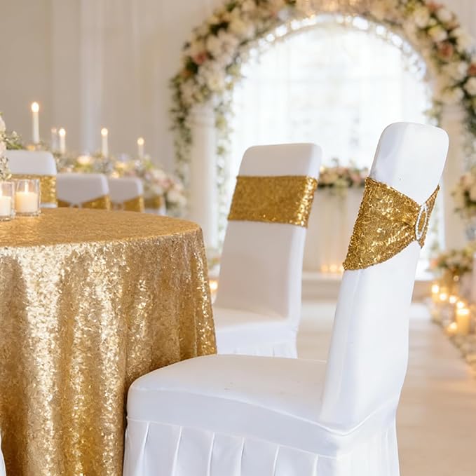 SquarePie Pack of 50 Sequin Chair Sashes Bands Glitter Gold Double-Sided Sequins Stretch Chair Cover Bows with Buckle Slider for Wedding Party Fiesta Banquet Decor