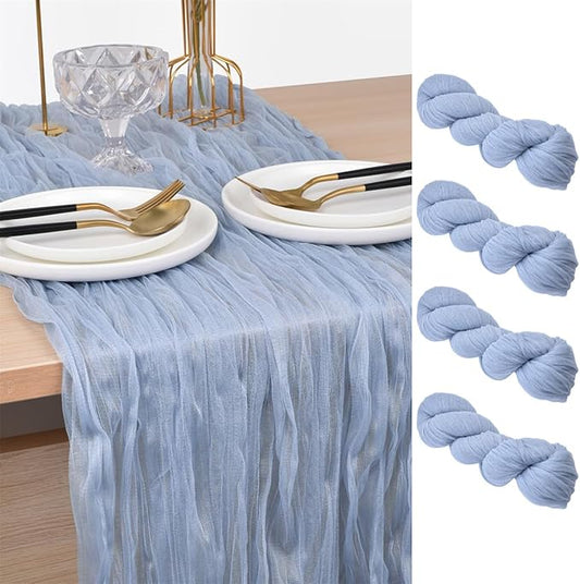Joanlody Blue Cheesecloth Table Runner Spring Summer 10Ft Rustic Gauze Boho Cheese Cloth Table Runner for Wedding Bridal Baby Shower Decoration 4 Pack