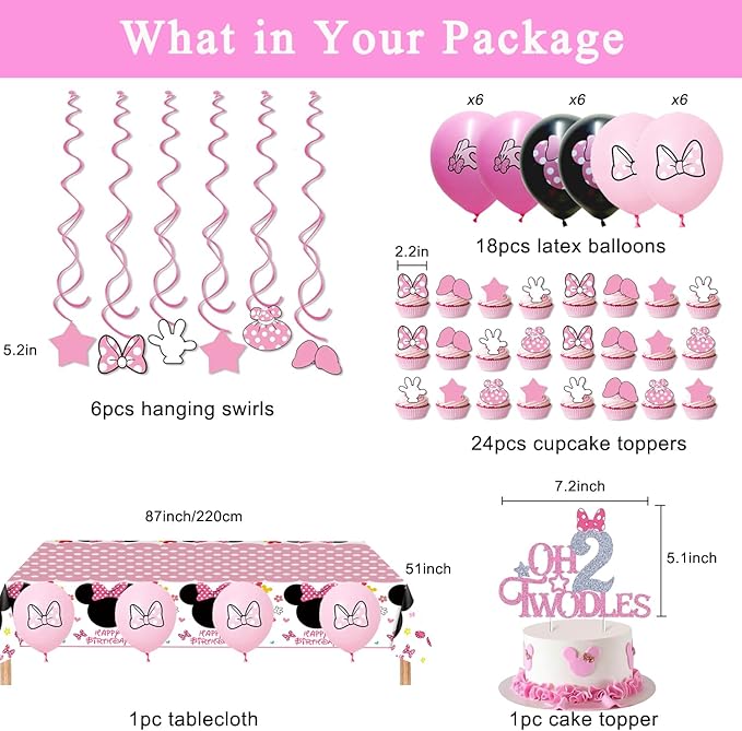 Pink 2nd Birthday Party Supplies, Oh Twodles Girl Second Party Decorations Includes Happy Birthday Banner, Hanging Swirls, Tablecloth, Cake Cupcake Toppers, Bow Foil Balloon, Latex Balloons